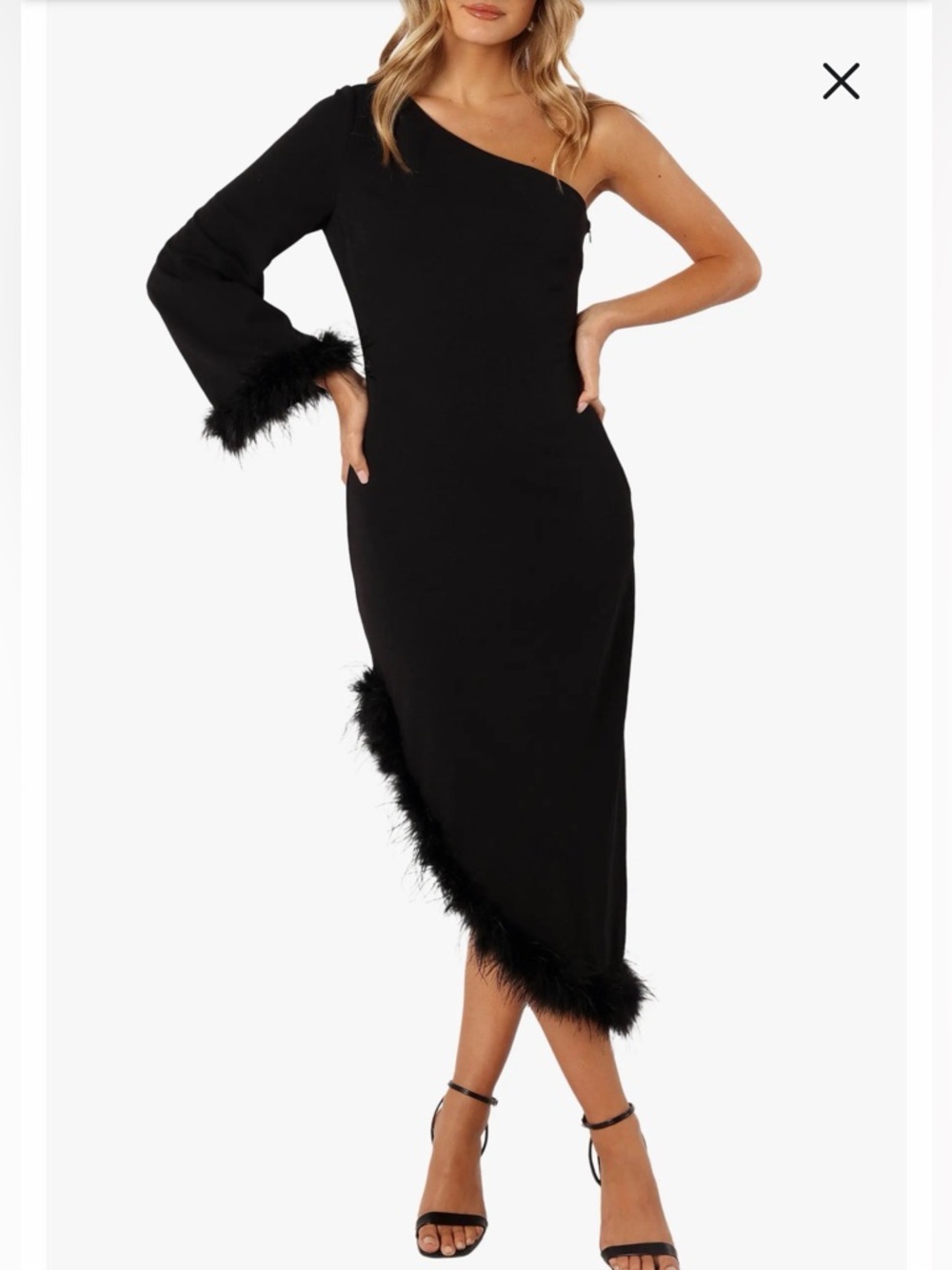 Petal & Pup Black One-Shoulder Feather-Trim Midi Dress